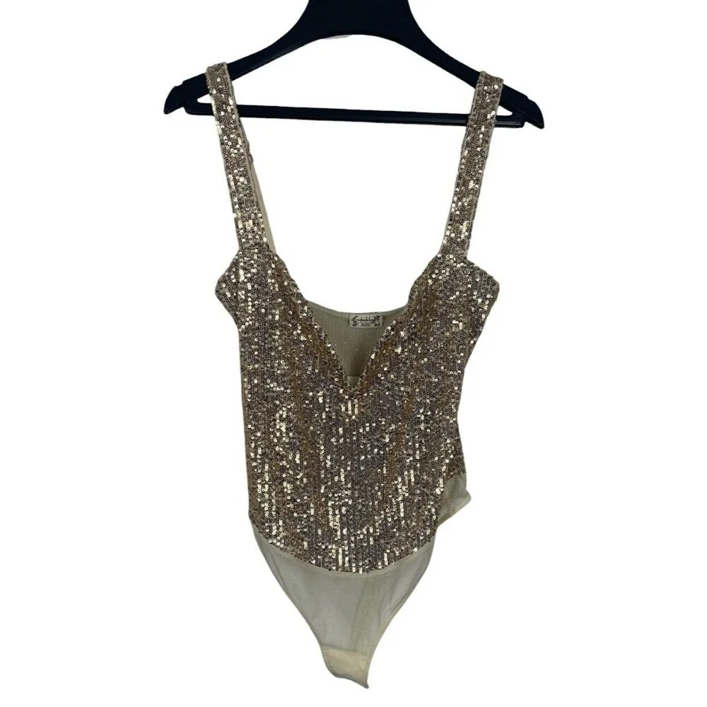 Free People Intimately Gold Sequin Bodysuit XS V-Neck Sleeveless Glam NWT